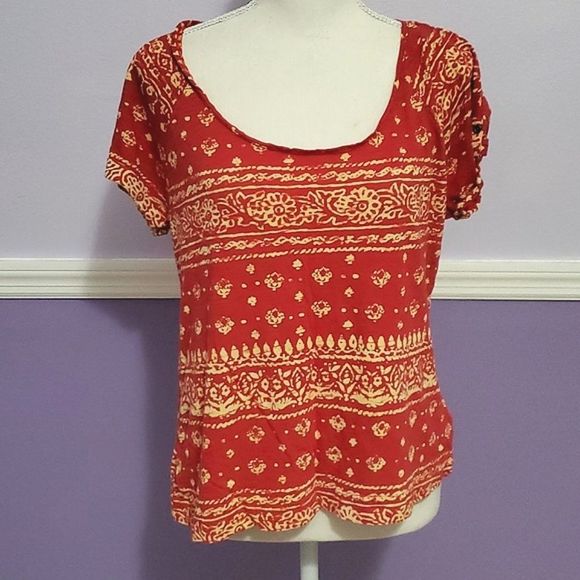 Lucky Brand Burnt Orange Boho Southwestern Roll Up Sleeves Modal Blend Shirt - Picture 1 of 8